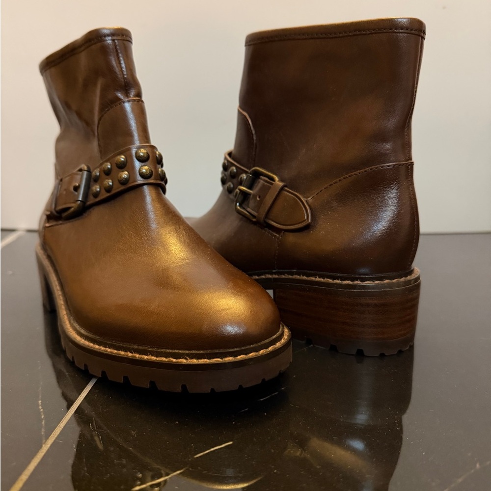 Coach Brown Leather Moto Boots with Studded Strap
